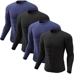 CL convallaria 4 Pack Compression Shirts Men Long Short Sleeve Cooling Dry Rash Guard Athletic Workout T Shirt for Sports(Long Sleeve-2 Black & 2 Blue)
