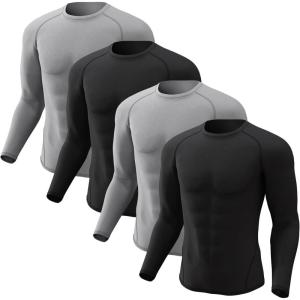 CL convallaria 4 Pack Compression Shirts Men Long Short Sleeve Cooling Dry Rash Guard Athletic Workout T Shirt for Sports(Long Sleeve-2 Black & 2 Grey)