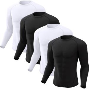 CL convallaria 4 Pack Compression Shirts Men Long Short Sleeve Cooling Dry Rash Guard Athletic Workout T Shirt for Sports(Long Sleeve-2 Black & 2 White)