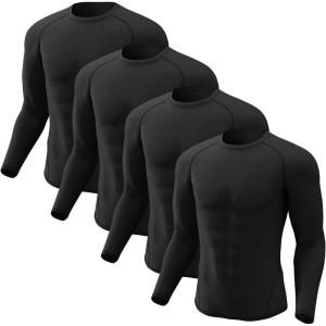 CL convallaria 4 Pack Compression Shirts Men Long Short Sleeve Cooling Dry Rash Guard Athletic Workout T Shirt for Sports(Long Sleeve-4 Black)
