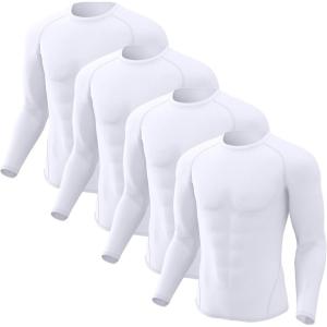 CL convallaria 4 Pack Compression Shirts Men Long Short Sleeve Cooling Dry Rash Guard Athletic Workout T Shirt for Sports(Long Sleeve-4 White)