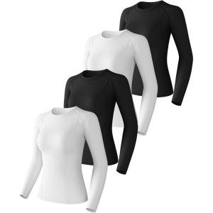 CL convallaria 4 Pack Women’s Compression Shirt Cool Dry Long Short Sleeve Workout Athletic Tops for Yoga Gym Running(Black+white+black+white-long Sleeve)