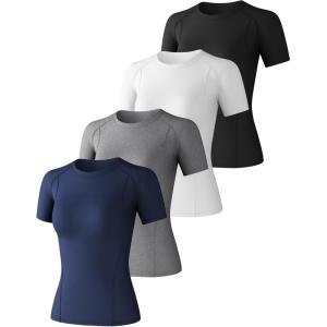 CL convallaria 4 Pack Women’s Compression Shirt Cool Dry Long Short Sleeve Workout Athletic Tops for Yoga Gym Running(Black+white+deep Blue+heather Light Gray)