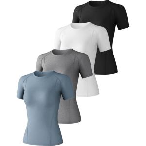 CL convallaria 4 Pack Women’s Compression Shirt Cool Dry Long Short Sleeve Workout Athletic Tops for Yoga Gym Running(Black+white+haze Blue+heather Light Gray)
