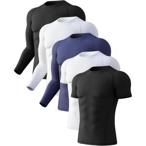 CL convallaria 4 or 5 Pack Mens Compression Shirt Workout Rash Guard Long Short Sleeve Undershirts for Athletic Gym Running(A-2black+2white+blue)
