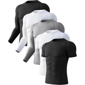 CL convallaria 4 or 5 Pack Mens Compression Shirt Workout Rash Guard Long Short Sleeve Undershirts for Athletic Gym Running(A-2black+2white+grey)