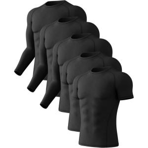 CL convallaria 4 or 5 Pack Mens Compression Shirt Workout Rash Guard Long Short Sleeve Undershirts for Athletic Gym Running(A-5black)