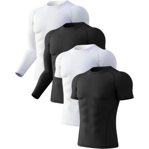 CL convallaria 4 or 5 Pack Mens Compression Shirt Workout Rash Guard Long Short Sleeve Undershirts for Athletic Gym Running(D-2black+2white)
