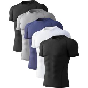 CL convallaria 4 or 5 Pack Mens Compression Shirt Workout Rash Guard Long Short Sleeve Undershirts for Athletic Gym Running(E-2black+white+blue+grey)