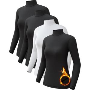 CL convallaria Turtleneck Thermal Underwear Shirts Women Fleece Lined Base Layer Tops Long Sleeve 2 4 Pack(Mock Neck-3black &White)