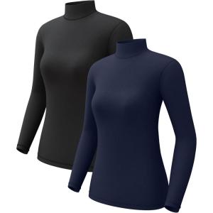 CL convallaria Turtleneck Thermal Underwear Shirts Women Fleece Lined Base Layer Tops Long Sleeve 2 4 Pack(Mock Neck-black & Blue)