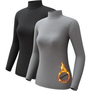 CL convallaria Turtleneck Thermal Underwear Shirts Women Fleece Lined Base Layer Tops Long Sleeve 2 4 Pack(Mock Neck-black & Grey)