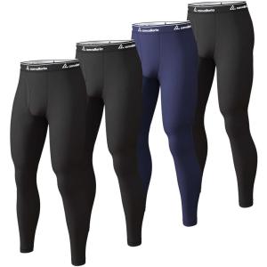 Men’s Thermal Pants Fleece Lined Long Johns Compression Bottom Athletic Base Layer Cold Weather Gear 1 2 4 Pcs(3 Black/Blue)