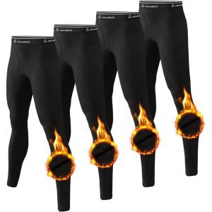 Men’s Thermal Pants Fleece Lined Long Johns Compression Bottom Athletic Base Layer Cold Weather Gear 1 2 4 Pcs(4 Black)