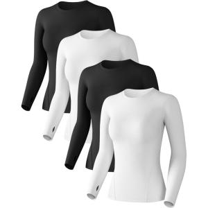 Women’s Compression Shirt Long Sleeve Athletic Workout Tops Sun Protection Undershirt for Gym Yoga Running(2 Black+2white)