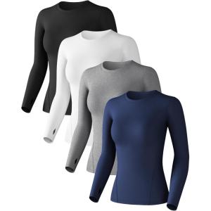 Women’s Compression Shirt Long Sleeve Athletic Workout Tops Sun Protection Undershirt for Gym Yoga Running(Black+white+dark Blue+heather Ligth Gray)