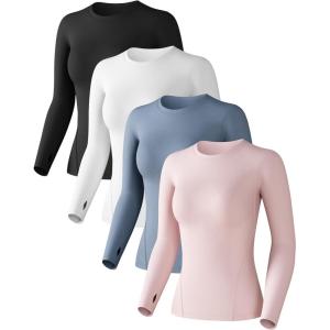 Women’s Compression Shirt Long Sleeve Athletic Workout Tops Sun Protection Undershirt for Gym Yoga Running(Black+white+haze Blue+light Pink)