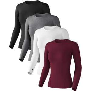 Women’s Compression Shirt Long Sleeve Athletic Workout Tops Sun Protection Undershirt for Gym Yoga Running(Black+white+heather Ligth Gray+dark Red)