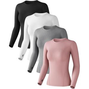 Women’s Compression Shirt Long Sleeve Athletic Workout Tops Sun Protection Undershirt for Gym Yoga Running(Black+white+heather Ligth Gray+gray Pink)