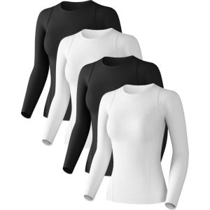 Women’s Compression Shirts Long Sleeve Athletic Workout Tops Cool Dry Underscrubs Sun Protection for Gym Yoga Running(2 Black+2 White)