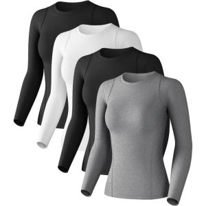 Women’s Compression Shirts Long Sleeve Athletic Workout Tops Cool Dry Underscrubs Sun Protection for Gym Yoga Running(2 Black+white+heather Light Grey)