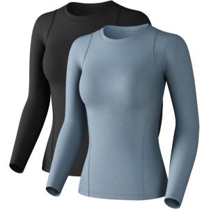 Women’s Compression Shirts Long Sleeve Athletic Workout Tops Cool Dry Underscrubs Sun Protection for Gym Yoga Running(Black+haze Blue)