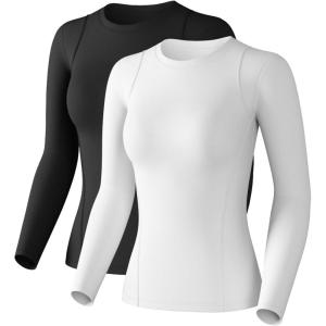Women’s Compression Shirts Long Sleeve Athletic Workout Tops Cool Dry Underscrubs Sun Protection for Gym Yoga Running(Black+white)