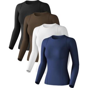 Women’s Compression Shirts Long Sleeve Athletic Workout Tops Cool Dry Underscrubs Sun Protection for Gym Yoga Running(Black+white+dark Blue+dark Coffee)