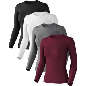 Women’s Compression Shirts Long Sleeve Athletic Workout Tops Cool Dry Underscrubs Sun Protection for Gym Yoga Running(Black+white+heather Light Grey+wine Red)