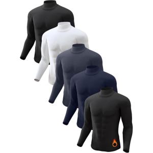 5 or 4 Pack Thermal Shirts for Men Turtle Neck Fleece Lined Long Sleeve Tops Workout Base Layer Cold Weather Gear(2 Black/White/Blue/Charcoal)