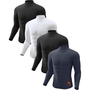 5 or 4 Pack Thermal Shirts for Men Turtle Neck Fleece Lined Long Sleeve Tops Workout Base Layer Cold Weather Gear(2 Black/White/Charcoal)