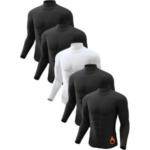 5 or 4 Pack Thermal Shirts for Men Turtle Neck Fleece Lined Long Sleeve Tops Workout Base Layer Cold Weather Gear(4 Black/White)