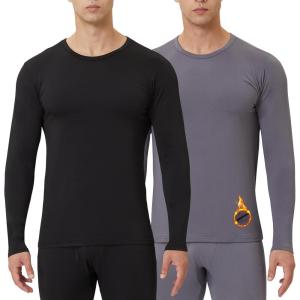 Men’s Thermal Shirt 1/2/4 Pcs Fleece Lined Long Sleeve Tops Athletic Base Layer Long John Shirts for Men(2#-black/Grey)