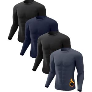 Men’s Thermal Shirt 1/2/4 Pcs Fleece Lined Long Sleeve Tops Athletic Base Layer Long John Shirts for Men(4# 2black/Blue/Charcoal)