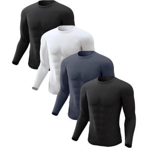 Men’s Thermal Shirt 1/2/4 Pcs Fleece Lined Long Sleeve Tops Athletic Base Layer Long John Shirts for Men(4# White/2black/Charcoal)