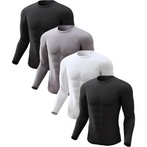 Men’s Thermal Shirt 1/2/4 Pcs Fleece Lined Long Sleeve Tops Athletic Base Layer Long John Shirts for Men(4#-black/Black/White/Grey)