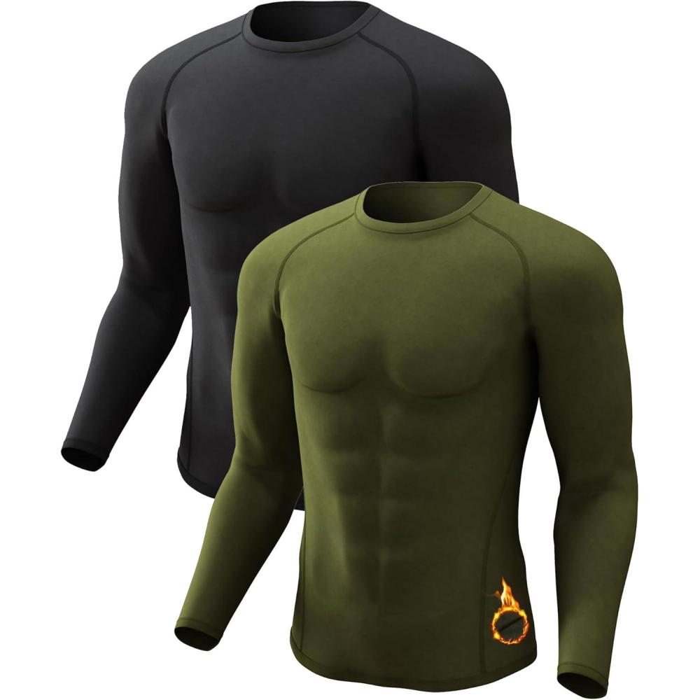 image4 or 2 Pack Mens Thermal Shirt Long Sleeve Fleece Lined Tops Base Layer Compression Undershirt Athletic Sport GearCrew NeckblackArmy Green