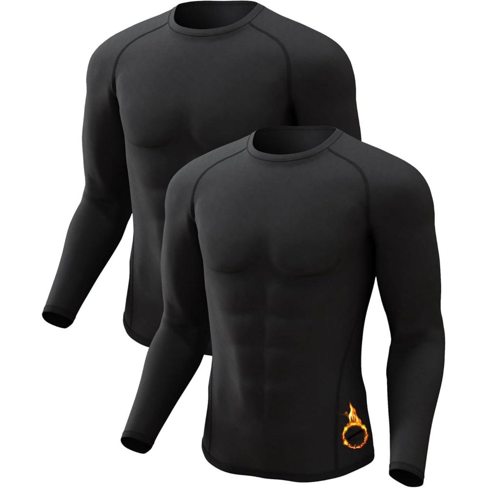 image4 or 2 Pack Mens Thermal Shirt Long Sleeve Fleece Lined Tops Base Layer Compression Undershirt Athletic Sport GearCrew NeckblackBlack