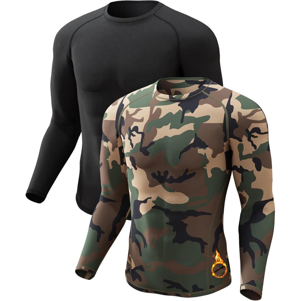 image4 or 2 Pack Mens Thermal Shirt Long Sleeve Fleece Lined Tops Base Layer Compression Undershirt Athletic Sport GearCrew Neckblackcamo
