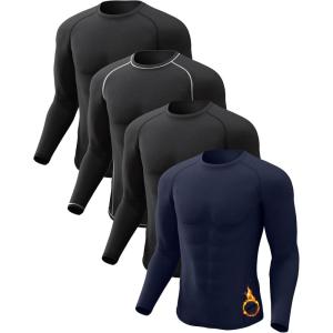 4 or 2 Pack Men’s Thermal Shirt Long Sleeve Fleece Lined Tops Base Layer Compression Undershirt Athletic Sport Gear(Crew Neck-2black/Black(white)/Blue)
