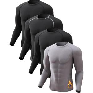 4 or 2 Pack Men’s Thermal Shirt Long Sleeve Fleece Lined Tops Base Layer Compression Undershirt Athletic Sport Gear(Crew Neck-2black/Black(white)/Grey)