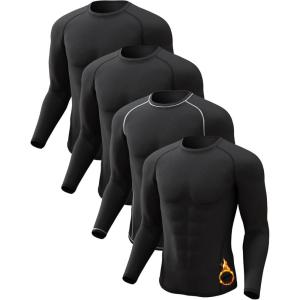 4 or 2 Pack Men’s Thermal Shirt Long Sleeve Fleece Lined Tops Base Layer Compression Undershirt Athletic Sport Gear(Crew Neck-3black/Black(white))