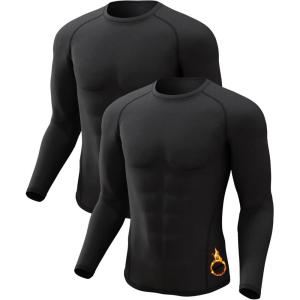 4 or 2 Pack Men’s Thermal Shirt Long Sleeve Fleece Lined Tops Base Layer Compression Undershirt Athletic Sport Gear(Crew Neck-black/Black)