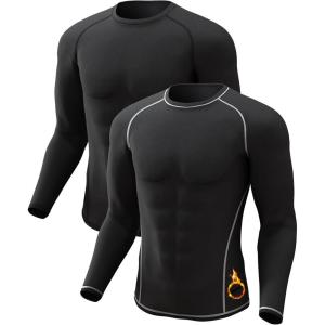 4 or 2 Pack Men’s Thermal Shirt Long Sleeve Fleece Lined Tops Base Layer Compression Undershirt Athletic Sport Gear(Crew Neck-black/Black(white))