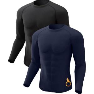 4 or 2 Pack Men’s Thermal Shirt Long Sleeve Fleece Lined Tops Base Layer Compression Undershirt Athletic Sport Gear(Crew Neck-black/Blue)