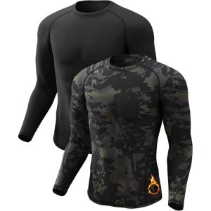 4 or 2 Pack Men’s Thermal Shirt Long Sleeve Fleece Lined Tops Base Layer Compression Undershirt Athletic Sport Gear(Crew Neck-black/Camo Black)