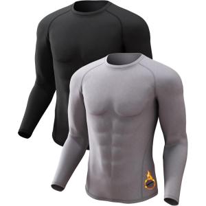 4 or 2 Pack Men’s Thermal Shirt Long Sleeve Fleece Lined Tops Base Layer Compression Undershirt Athletic Sport Gear(Crew Neck-black/Grey)