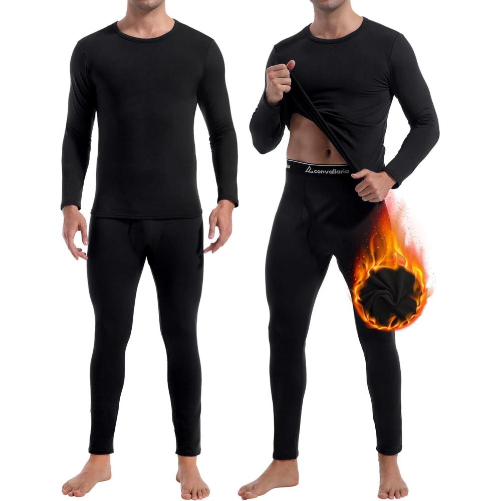 imageCL convallaria 2 Pack Thermal Underwear for Men Long Johns Fleece Lined Base Layer Set Winter Bottom Top 2XS6XLCrew NeckmidweightblackBlack