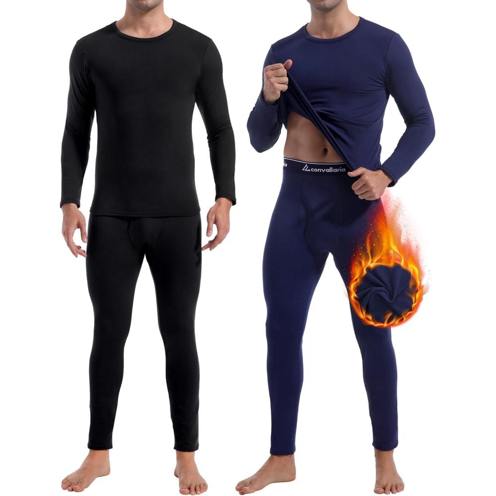 imageCL convallaria 2 Pack Thermal Underwear for Men Long Johns Fleece Lined Base Layer Set Winter Bottom Top 2XS6XLCrew NeckmidweightblackBlue