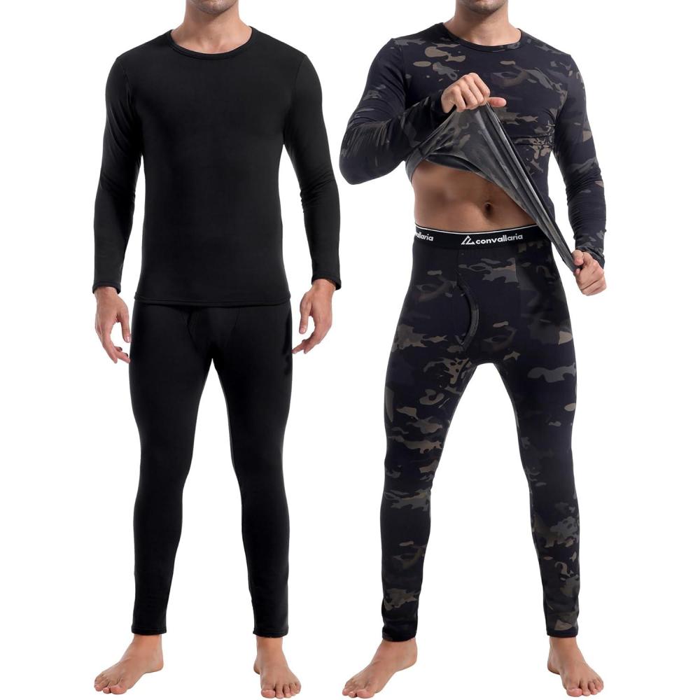 imageCL convallaria 2 Pack Thermal Underwear for Men Long Johns Fleece Lined Base Layer Set Winter Bottom Top 2XS6XLCrew NeckmidweightblackCamo Black